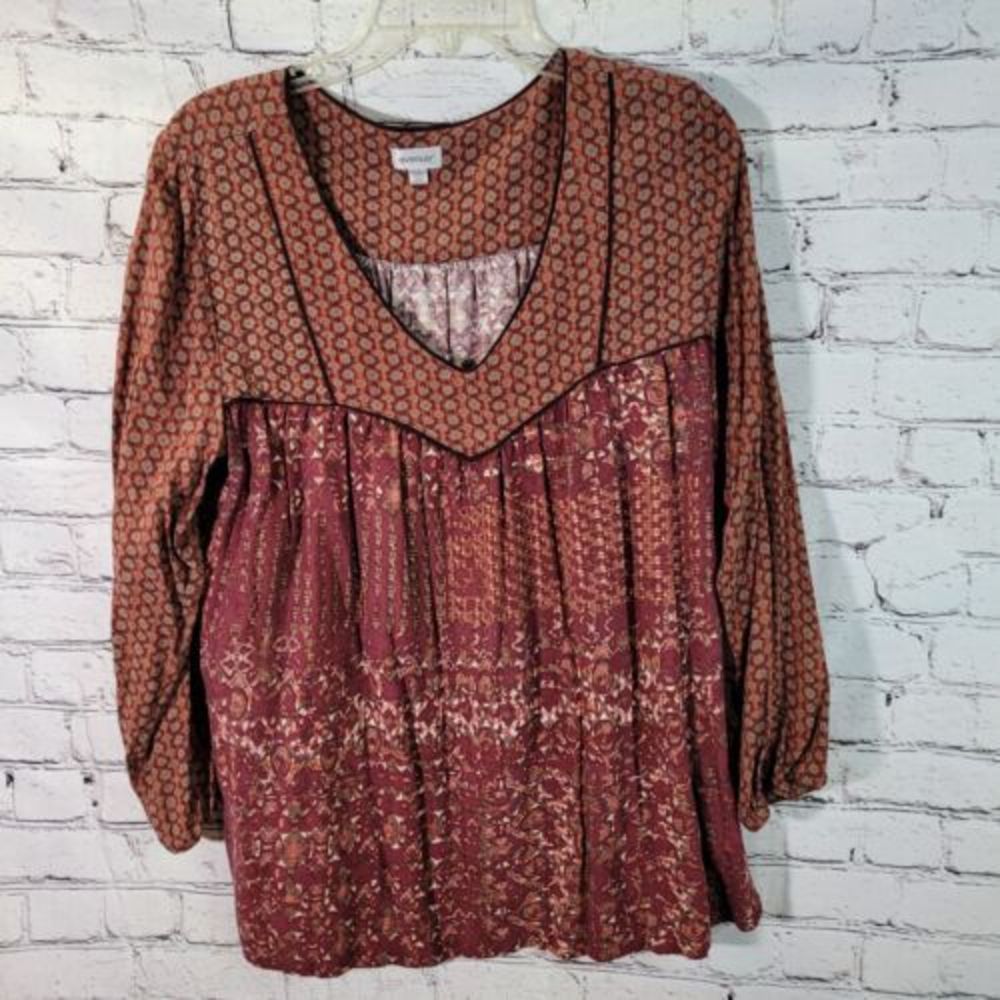Avenue Peasant Blouse Women 18/20 Burgundy Mixed Print Excellent Boho V-Neck Top